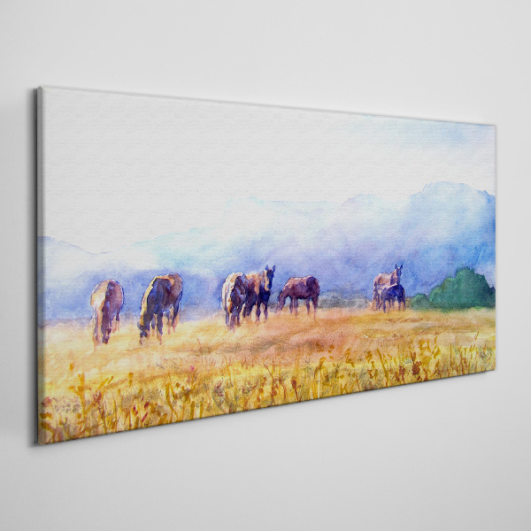 A large herd of horses in the meadow Canvas print