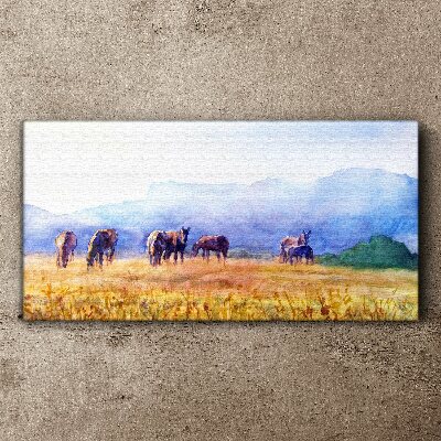 A large herd of horses in the meadow Canvas print