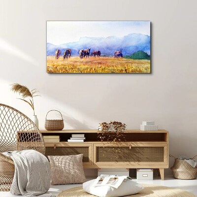 A large herd of horses in the meadow Canvas print