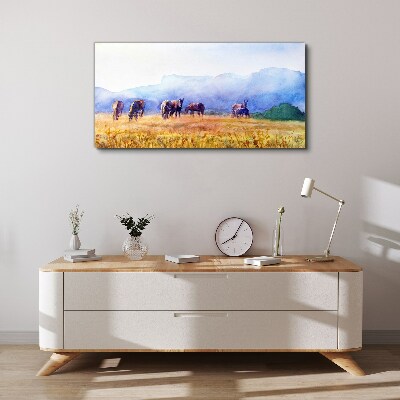A large herd of horses in the meadow Canvas print
