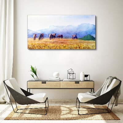A large herd of horses in the meadow Canvas print