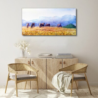 A large herd of horses in the meadow Canvas print