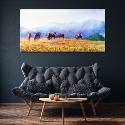 A large herd of horses in the meadow Canvas print