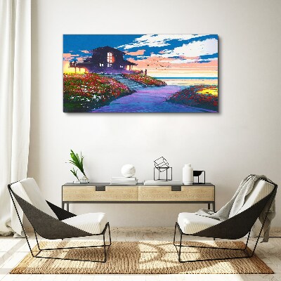 Sunset over the flowery shore Canvas print