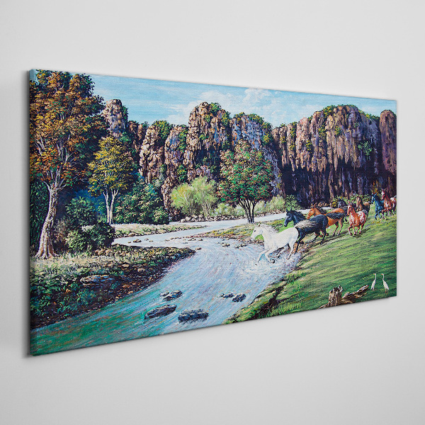 Landscape with horses by the river Canvas Wall art