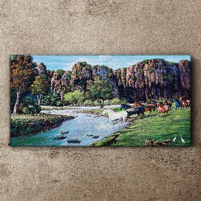 Landscape with horses by the river Canvas Wall art