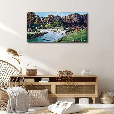 Landscape with horses by the river Canvas Wall art