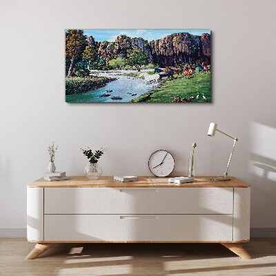 Landscape with horses by the river Canvas Wall art