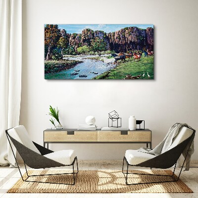 Landscape with horses by the river Canvas Wall art
