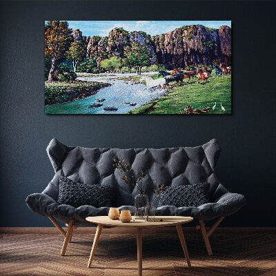 Landscape with horses by the river Canvas Wall art