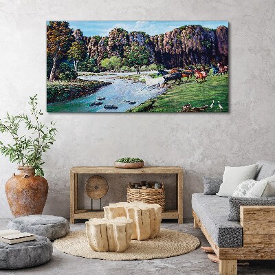 Landscape with horses by the river Canvas Wall art