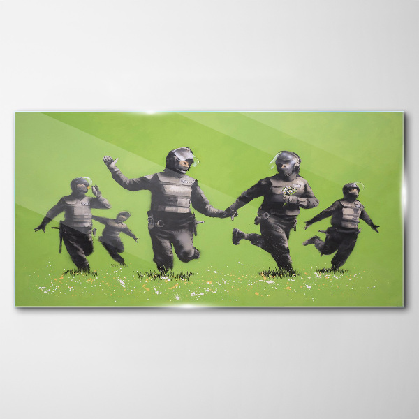 Riot Police at Banksy Field Glass Wall Art