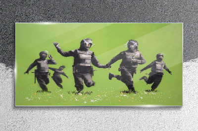 Riot Police at Banksy Field Glass Wall Art