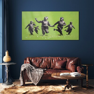 Riot Police at Banksy Field Glass Wall Art