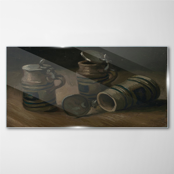 Antique mugs on the table Glass Wall Art
