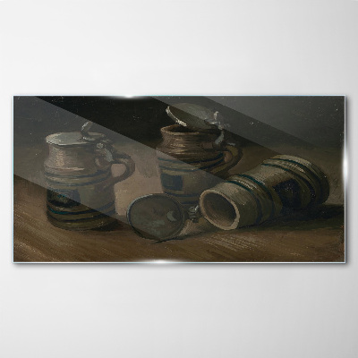 Antique mugs on the table Glass Wall Art
