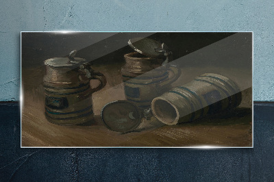 Antique mugs on the table Glass Wall Art