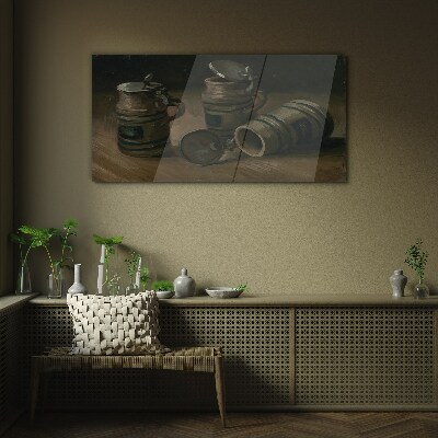 Antique mugs on the table Glass Wall Art