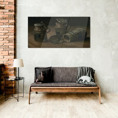 Antique mugs on the table Glass Wall Art
