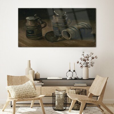Antique mugs on the table Glass Wall Art