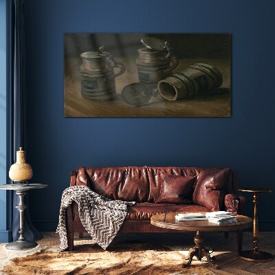 Antique mugs on the table Glass Wall Art