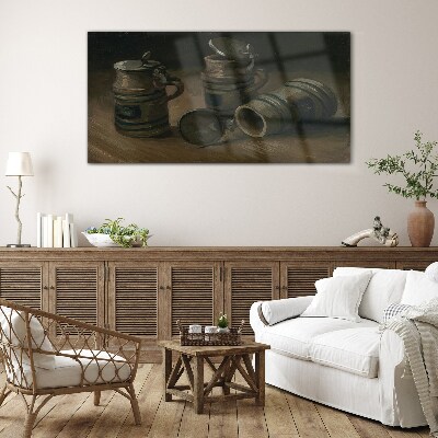 Antique mugs on the table Glass Wall Art