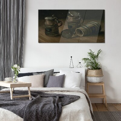 Antique mugs on the table Glass Wall Art