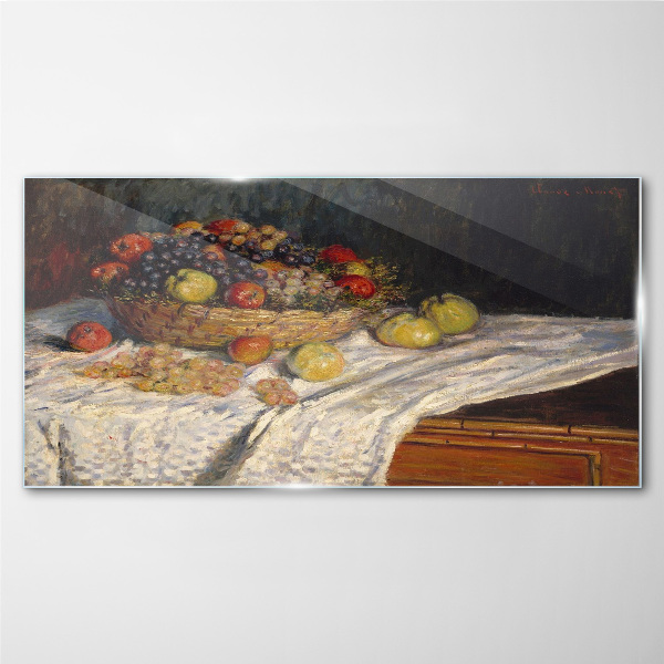 Fruit basket on a white tablecloth Glass Wall Art