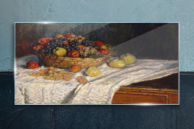 Fruit basket on a white tablecloth Glass Wall Art