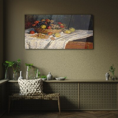 Fruit basket on a white tablecloth Glass Wall Art