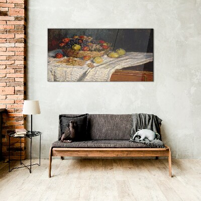 Fruit basket on a white tablecloth Glass Wall Art