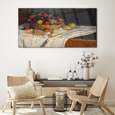 Fruit basket on a white tablecloth Glass Wall Art