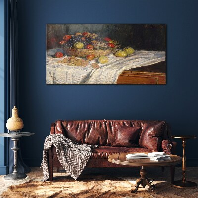 Fruit basket on a white tablecloth Glass Wall Art