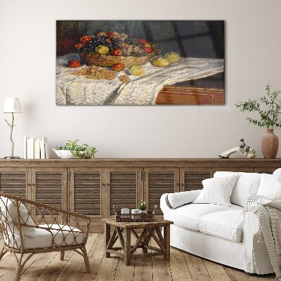 Fruit basket on a white tablecloth Glass Wall Art
