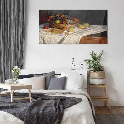 Fruit basket on a white tablecloth Glass Wall Art