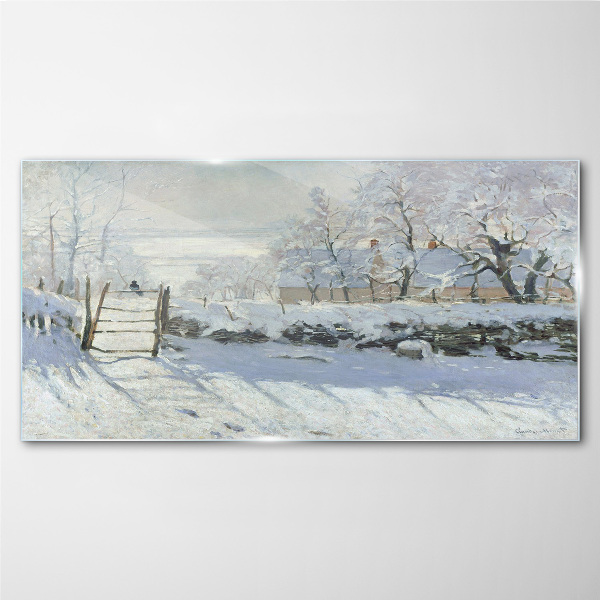 Winter landscape with a gate Glass Wall Art