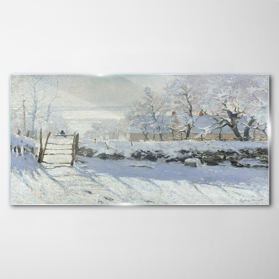 Winter landscape with a gate Glass Wall Art