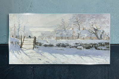 Winter landscape with a gate Glass Wall Art