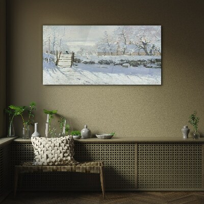 Winter landscape with a gate Glass Wall Art