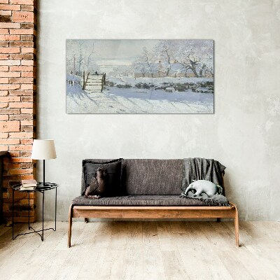Winter landscape with a gate Glass Wall Art