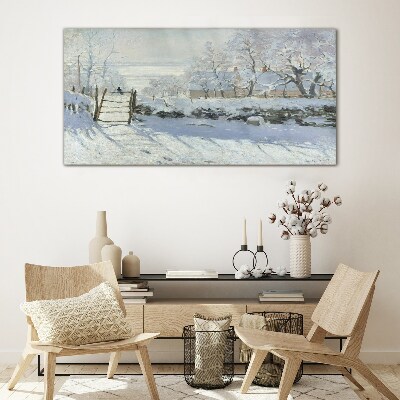 Winter landscape with a gate Glass Wall Art