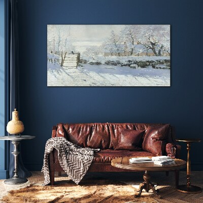 Winter landscape with a gate Glass Wall Art