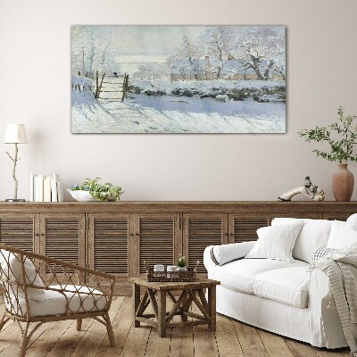 Winter landscape with a gate Glass Wall Art