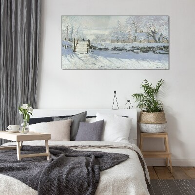 Winter landscape with a gate Glass Wall Art
