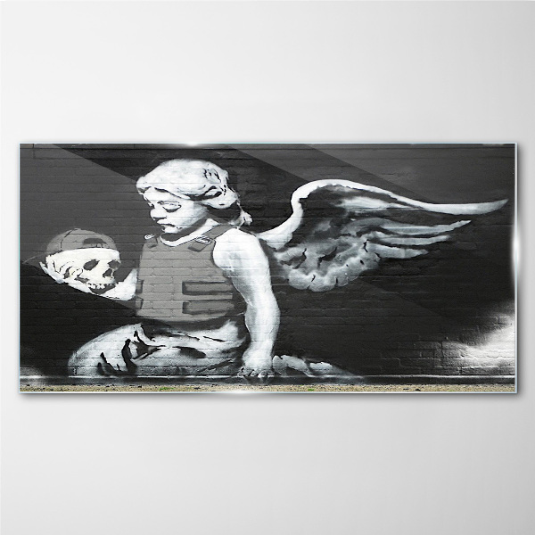 Angel with a skull in the background of graffiti Glass Wall Art