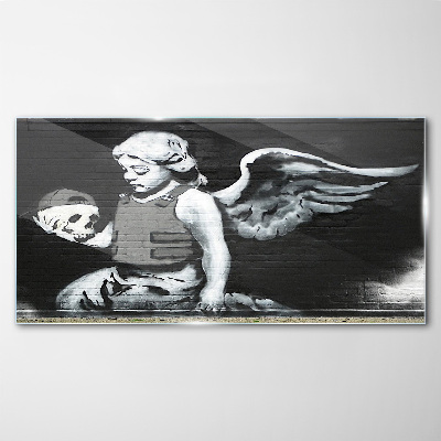 Angel with a skull in the background of graffiti Glass Wall Art