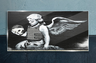 Angel with a skull in the background of graffiti Glass Wall Art
