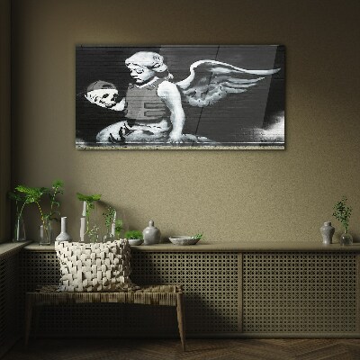Angel with a skull in the background of graffiti Glass Wall Art