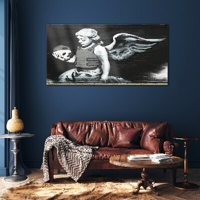 Angel with a skull in the background of graffiti Glass Wall Art