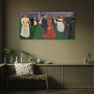 Dancing figures on a green background Glass Wall Art